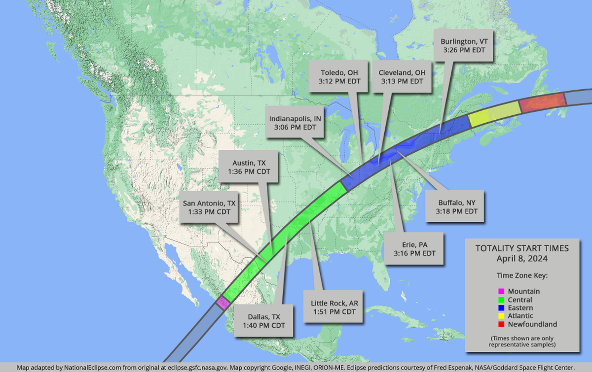 A look at some major U.S. cities along the 115 mile path of totality, and what time they will be experiencing the total solar eclipse.