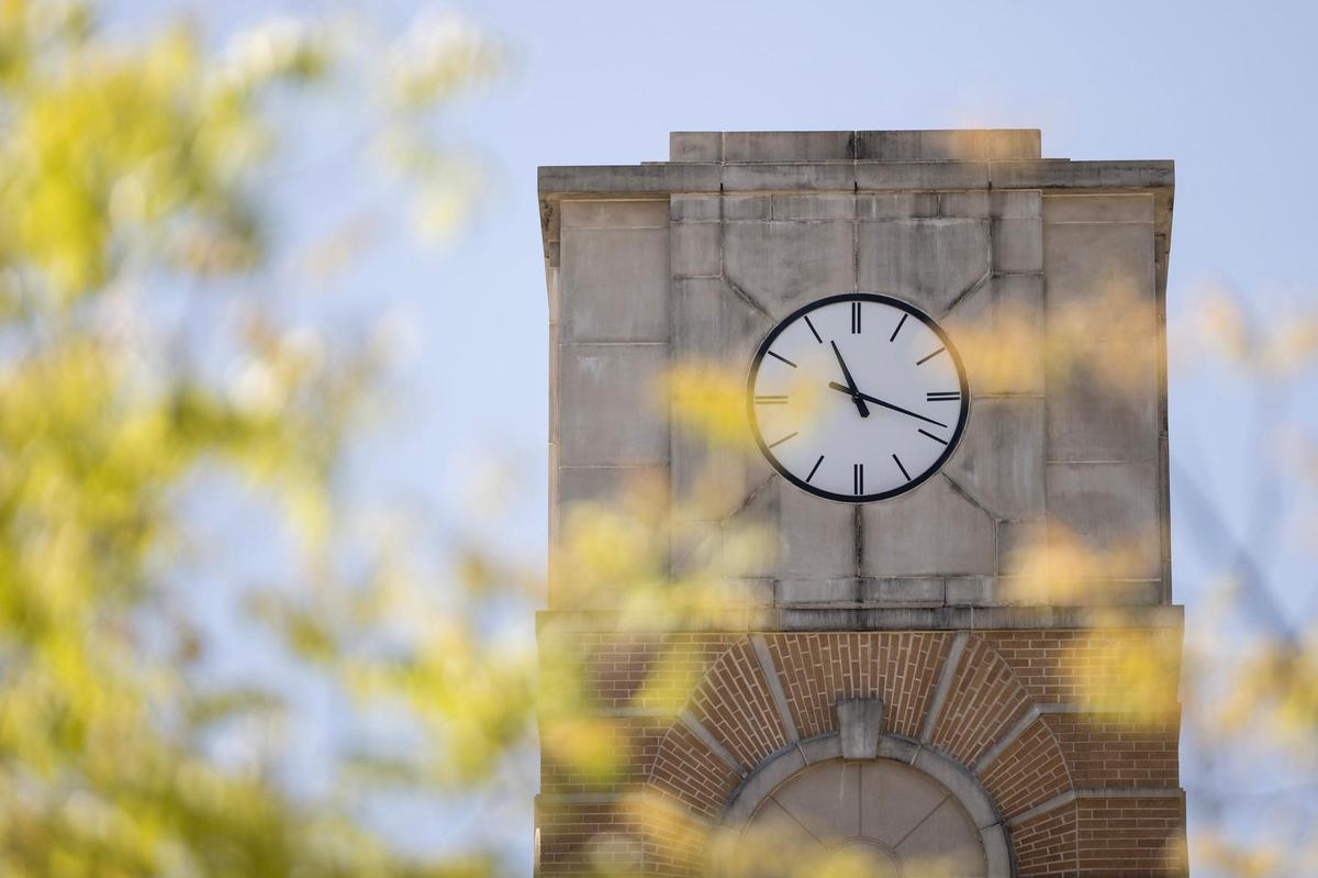 The Canafax Clock Tower at the front of the Texas Wesleyan University campus in Fort Worth on Tuesday, April 8, 2025.