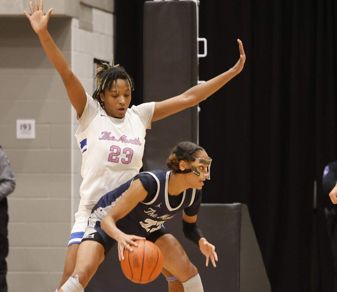 North Crowley forward Mecca Crawford (23) attempts to guard Flower Mound guard Maci Pringle (23) during the second half of a UIL Class 6A Division I girls regional final basketball playoff game at Arlington ISD Athletics Center in Arlington, Texas, Friday Feb. 27, 2026.