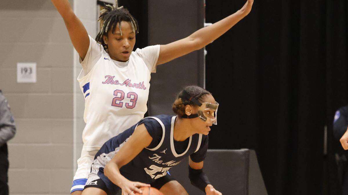North Crowley forward Mecca Crawford (23) attempts to guard Flower Mound guard Maci Pringle (23) during the second half of a UIL Class 6A Division I girls regional final basketball playoff game at Arlington ISD Athletics Center in Arlington, Texas, Friday Feb. 27, 2026.