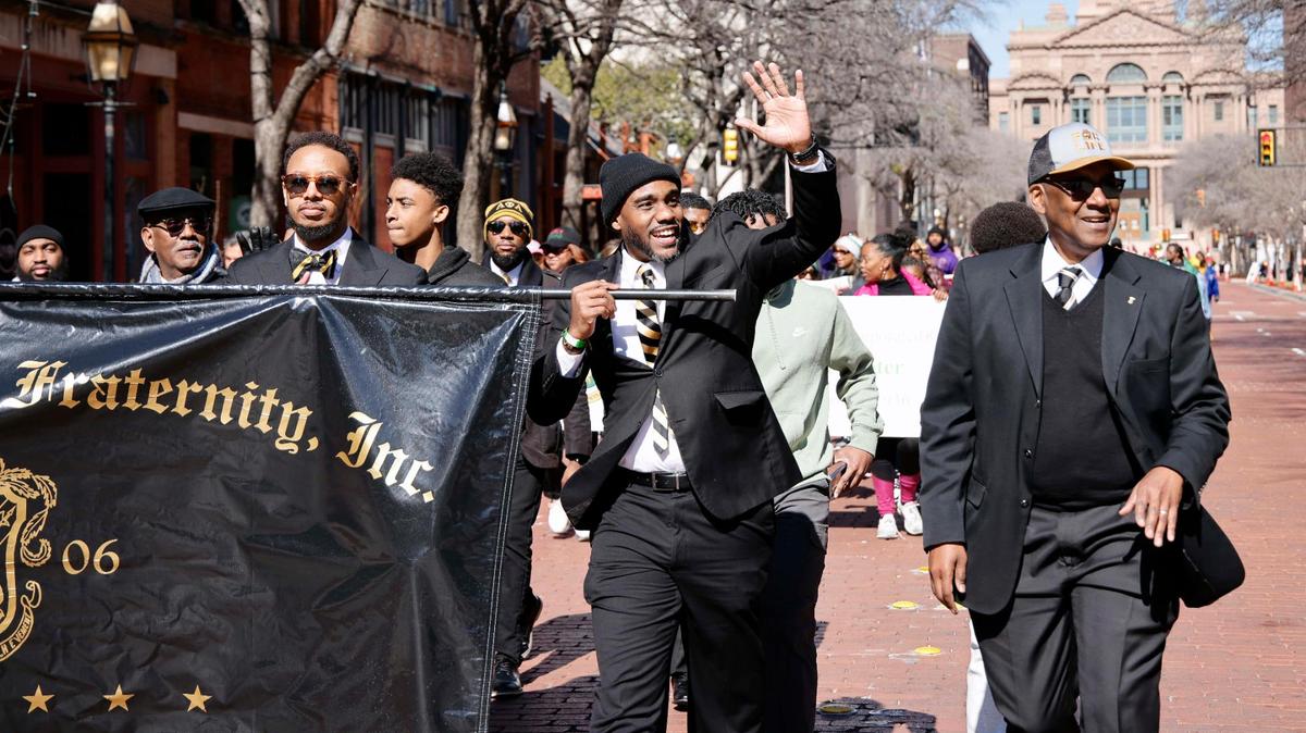 Several fraternities marched as part of the 2024 Martin Luther King Jr. parade in downtown Fort Worth on Monday. The parade was postponed from January due to freezing weather. Other participants in the parade and rally included marching bands, color guards, car clubs and more.