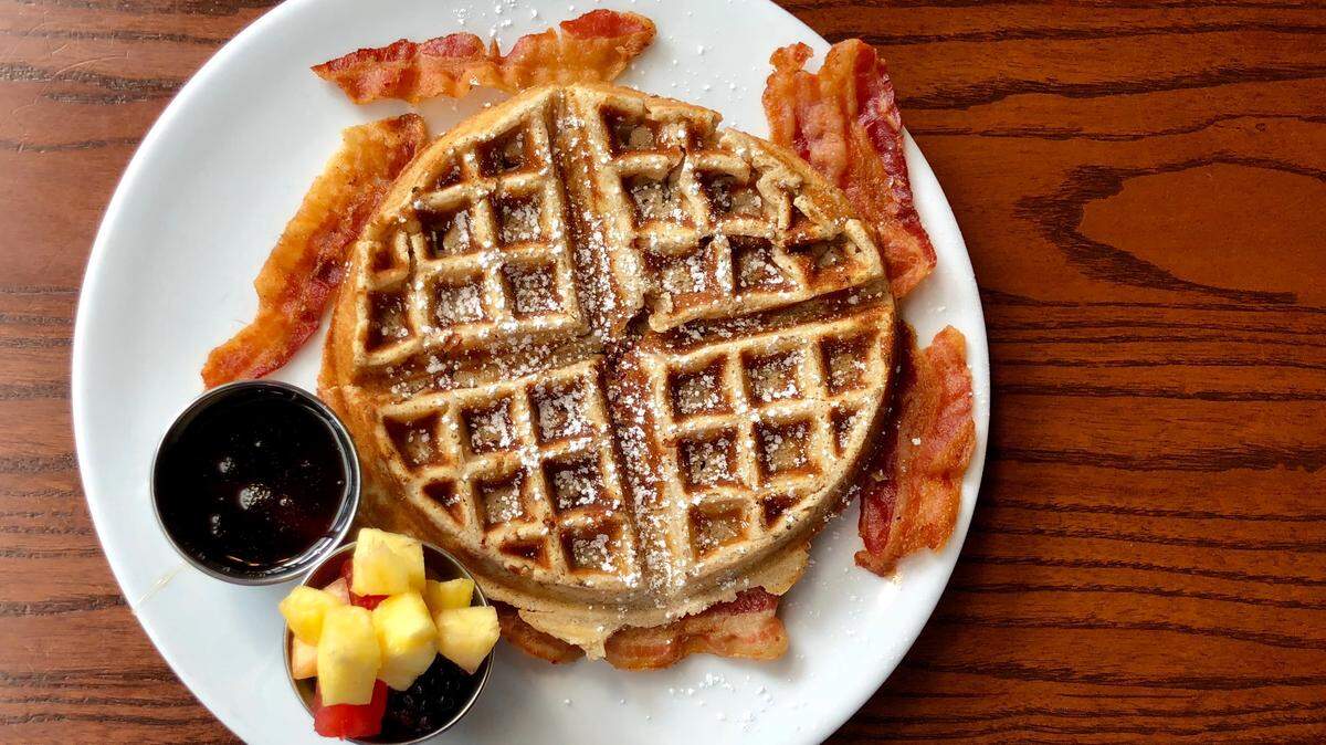 A Belgian waffle with bacon on the weekend-and-Monday brunch at Social House.