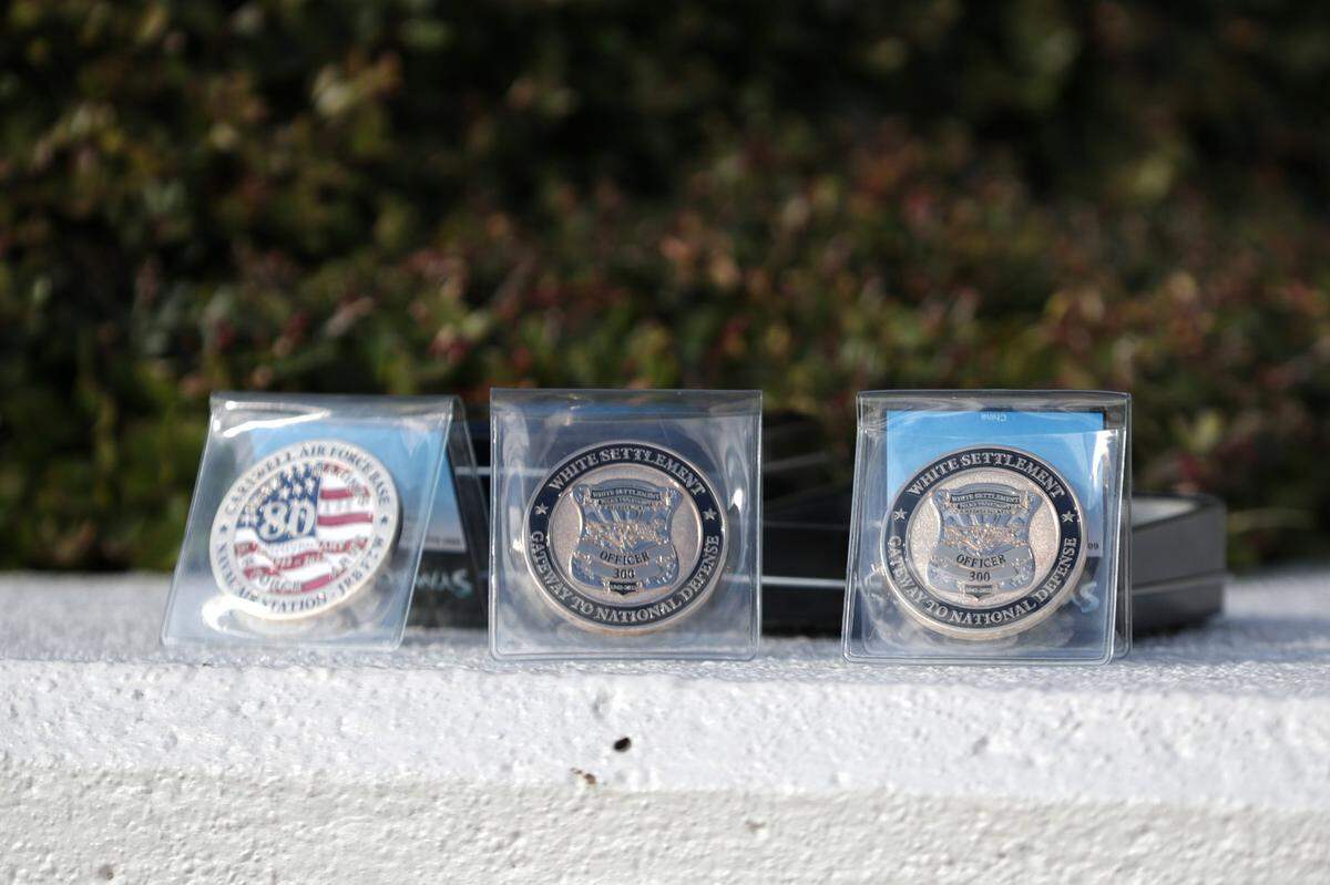 New badges commemorate the collaboration between White Settlement police and Lockheed Martin Campus in Fort Worth on Wednesday, Nov. 2, 2022. White Settlement police will wear a new badge to honor 80 years of partnership between the City of White Settlement and Air Force Plant #4.