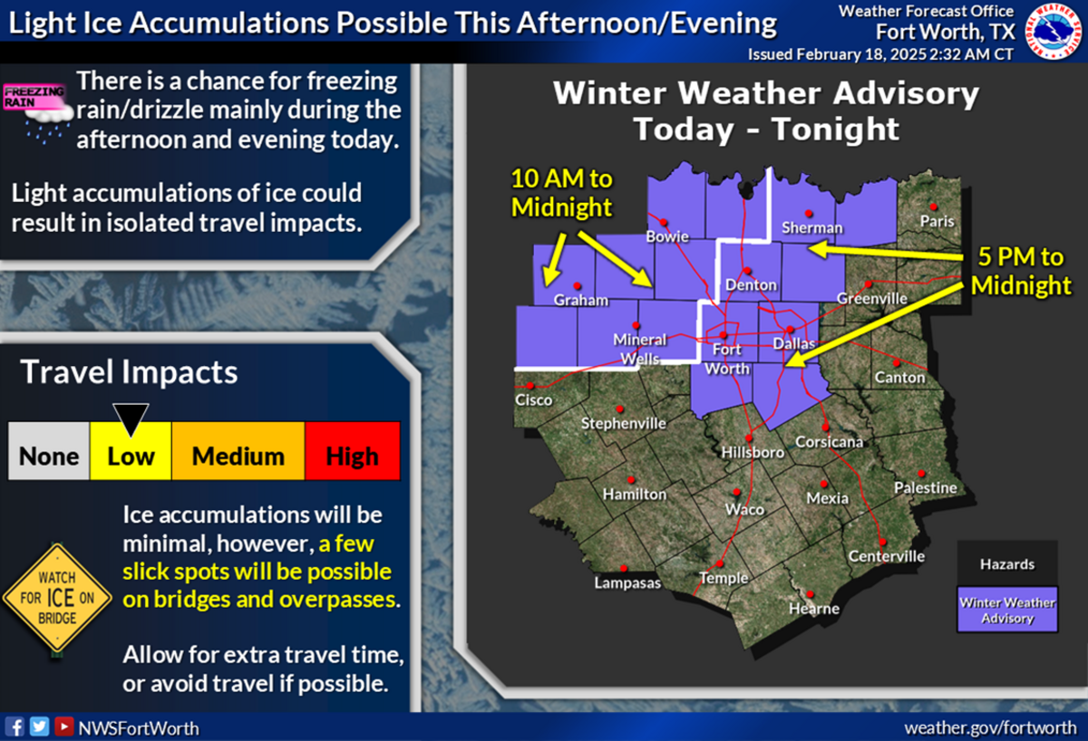 Freezing rain is possible in North Texas on Tuesday.