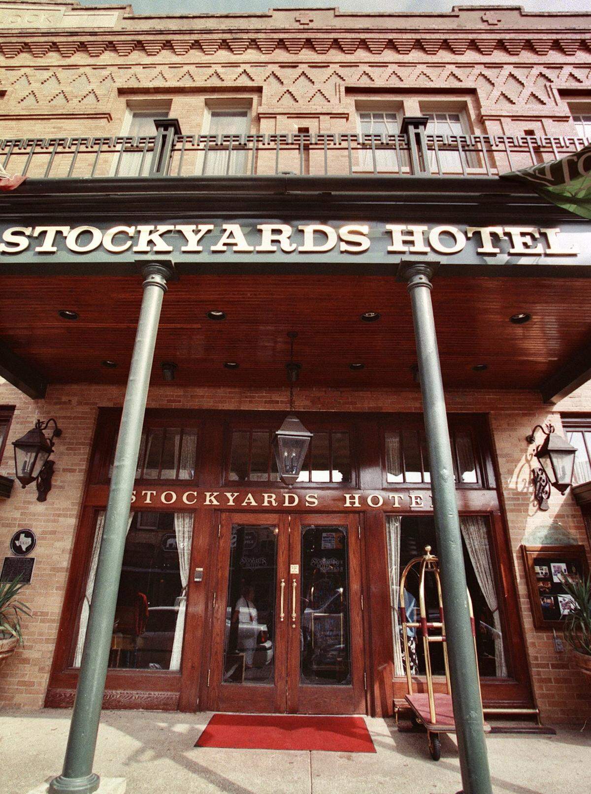 The main entrance of the Stockyards Hotel in the Fort Worth Stockyards. The historical hotel was selected for the National Trust for Historic Preservation registry.