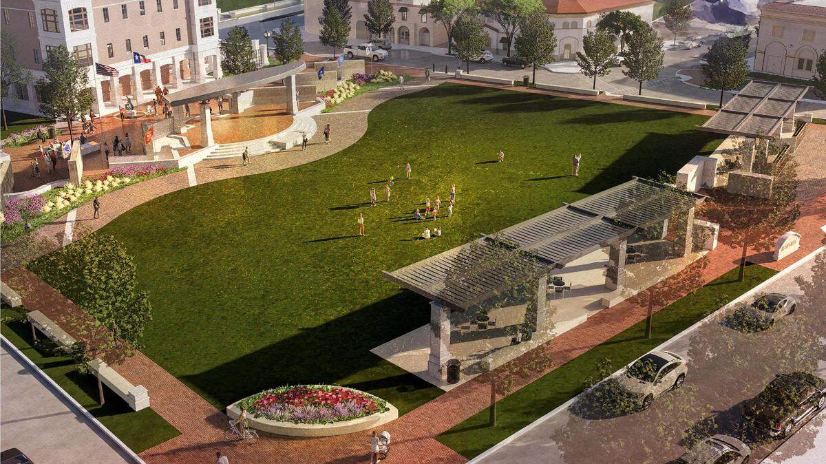 A rendering of Heroes Park in Colleyville. The city plans to include six bronze statues to highlight the military branches.