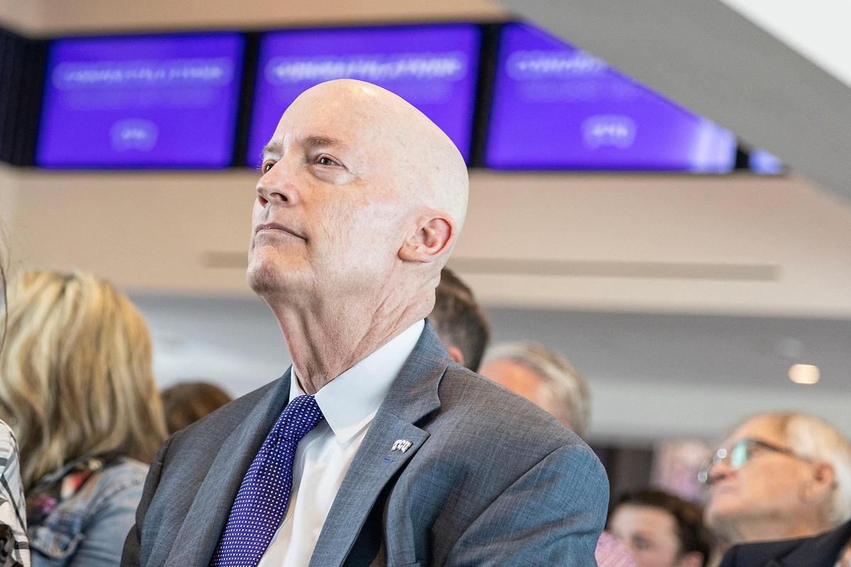 TCU Chancellor Victor Boschini Jr. attends the university’s athletics stoling ceremony at the Legends Club in Amon G. Carter Stadium.