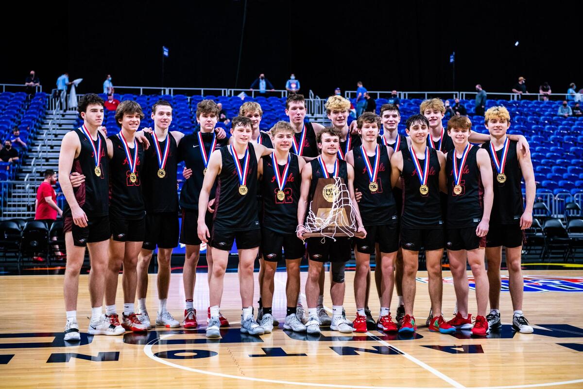 The Argyle Eagles pose for a group photo after a 49-30 win over Huffman Hargrave in the 4A state final at the Alamodome in San Antonio Texas, on March 13, 2021. (Photo by Matt Smith. Special to the Star-Telegram).
