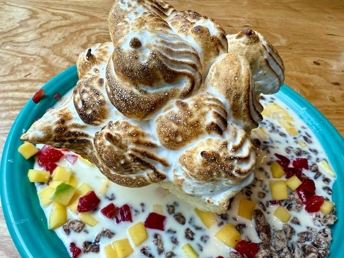 Tres leches cake at El Tiempo Cantina, a Houston-based chain, as seen March 9, 2025, at its new Arlington location under the first base corner of Choctaw Stadium across from Globe Life Field,