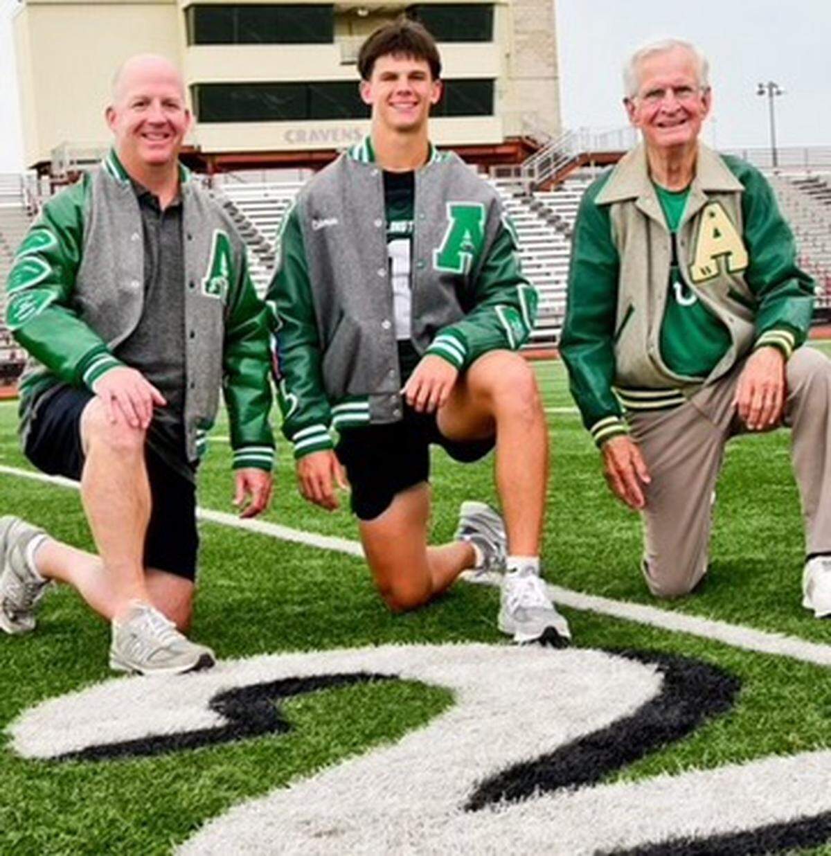 Arlington High quarterback Coleman Cravens is the latest family member to play football for the Colts. He was preceded by his grandfather, Tom (right), and his father, Carl (left). Cravens Field is named after his great-grandfather, Carlisle, a 1924 Arlington High graduate who did some pro bono legal work for the AISD.