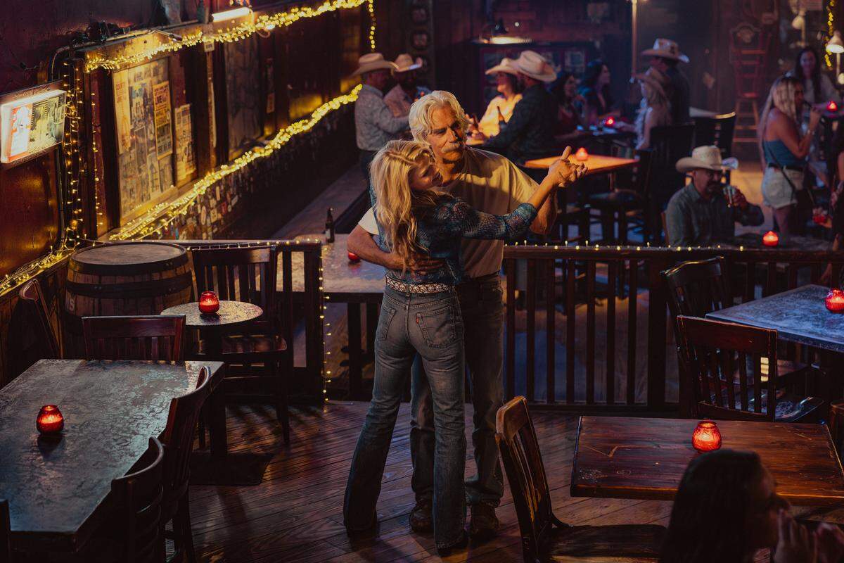 Ali Larter as Angela Norris and Sam Elliott as T.L. in “Landman” episode 6, season 2, streaming on Paramount+.