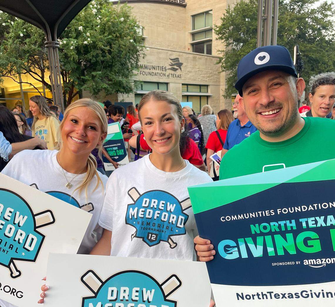 Grayson Grant (middle) wears a Drew Medford shirt at North Texas Giving Day.
