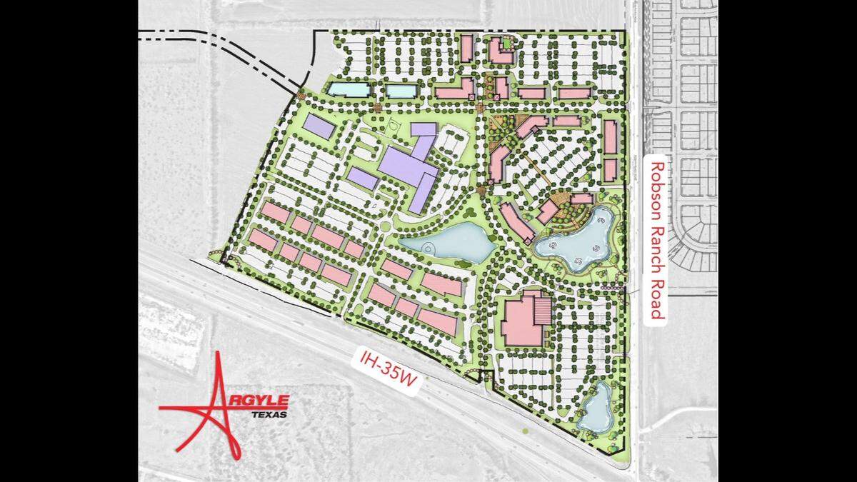 The town of Argyle signed a deal with R.Y. Properties to develop 123 acres on the southwest corner of Interstate 35W and Robson Ranch Road. This rendering shows plans for buildings and roads.