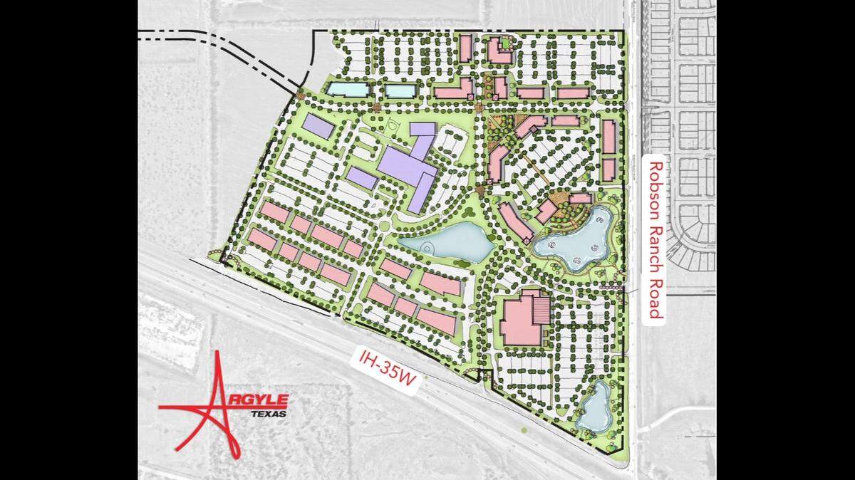 The town of Argyle signed a deal with R.Y. Properties to develop 123 acres on the southwest corner of Interstate 35W and Robson Ranch Road. This rendering shows plans for buildings and roads.
