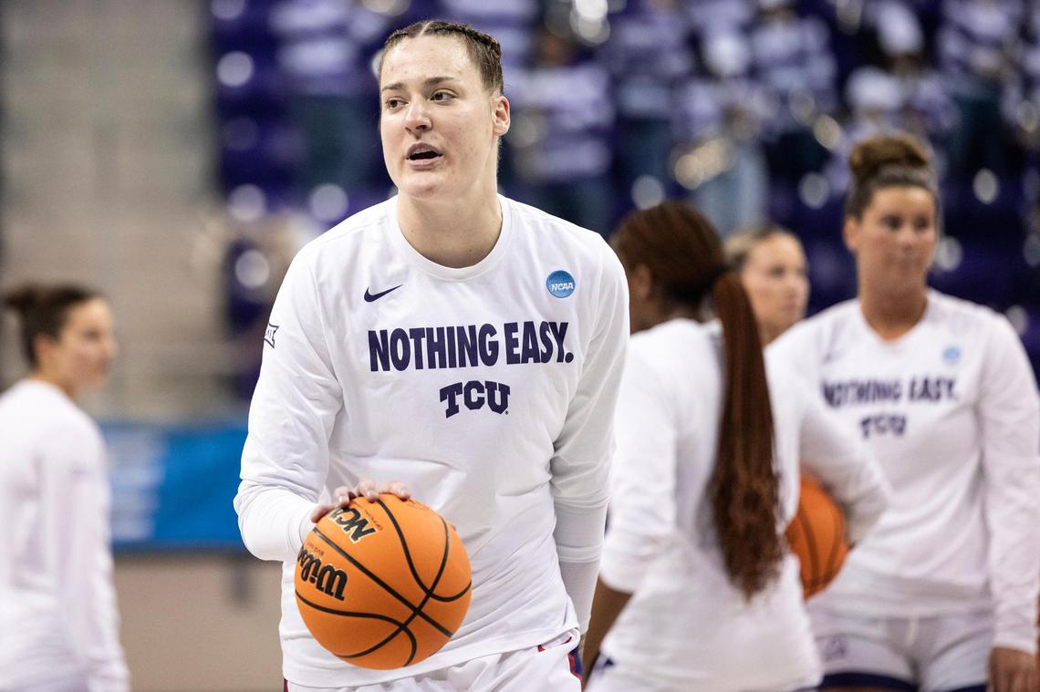 TCU center Sedona Prince warms up prior to the second round of the Women’s NCAA Championships Tournament game between TCU and Louisville at Schollmaier Arena in Fort Worth on Sunday, March 23, 2025.
