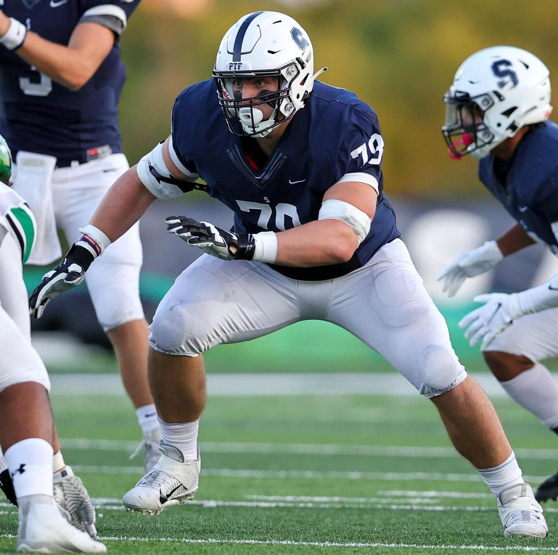 All Saints offensive lineman Tommy Brockemeyer looks to make a block against Azle during the first half, Friday night, September 25, 2020 played at All Saints High School in Fort Worth, TX. (Steve Nurenberg Special to the Star-Telegram)
