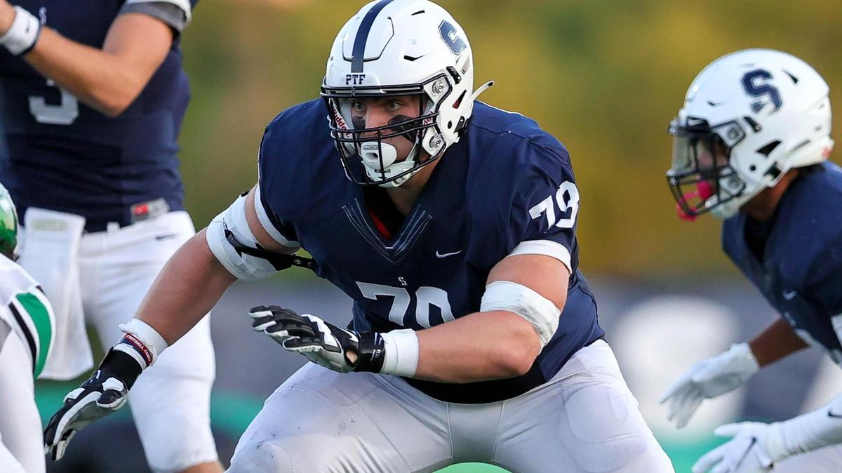 All Saints offensive lineman Tommy Brockermeyer looks to make a block against Azle during the first half, Friday night, September 25, 2020 played at All Saints High School in Fort Worth, TX. (Steve Nurenberg Special to the Star-Telegram)