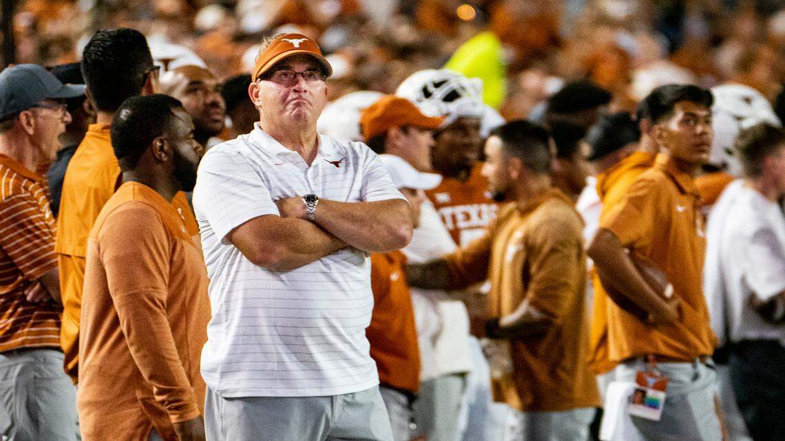 Gary Patterson, special assistant to Texas coach Steve Sarkisian, watches from the sidelines during a recent Longhorns game. Patterson will face his former team, TCU, on Saturday.