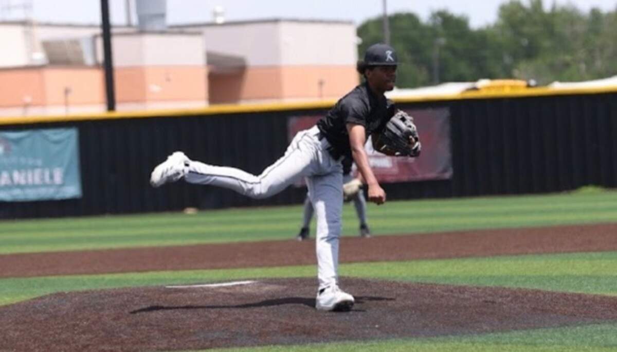 Kennedale pitcher Kyle Moore pitches the final 2.1 innings to close out Game 3 of their Class 4A Division 2 area-round series against Aubrey on Saturday, May 10, 2025 at the Coppell Baseball/Softball Complex in Coppell, Texas. Kennedale defeated Aubrey 7-5.