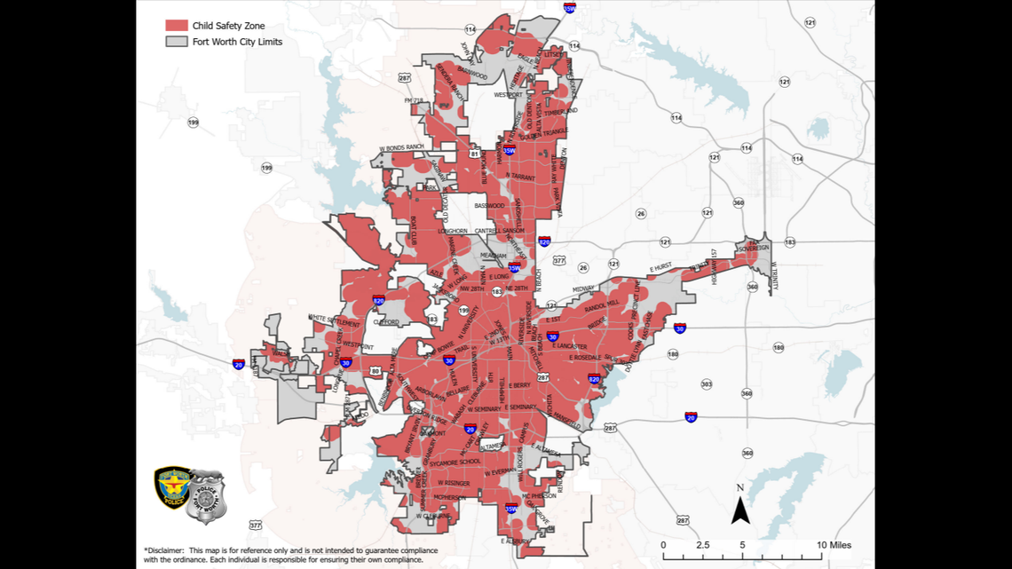 A man of Fort Worth with a bunch of areas in red showing where sex offenders can’t live.