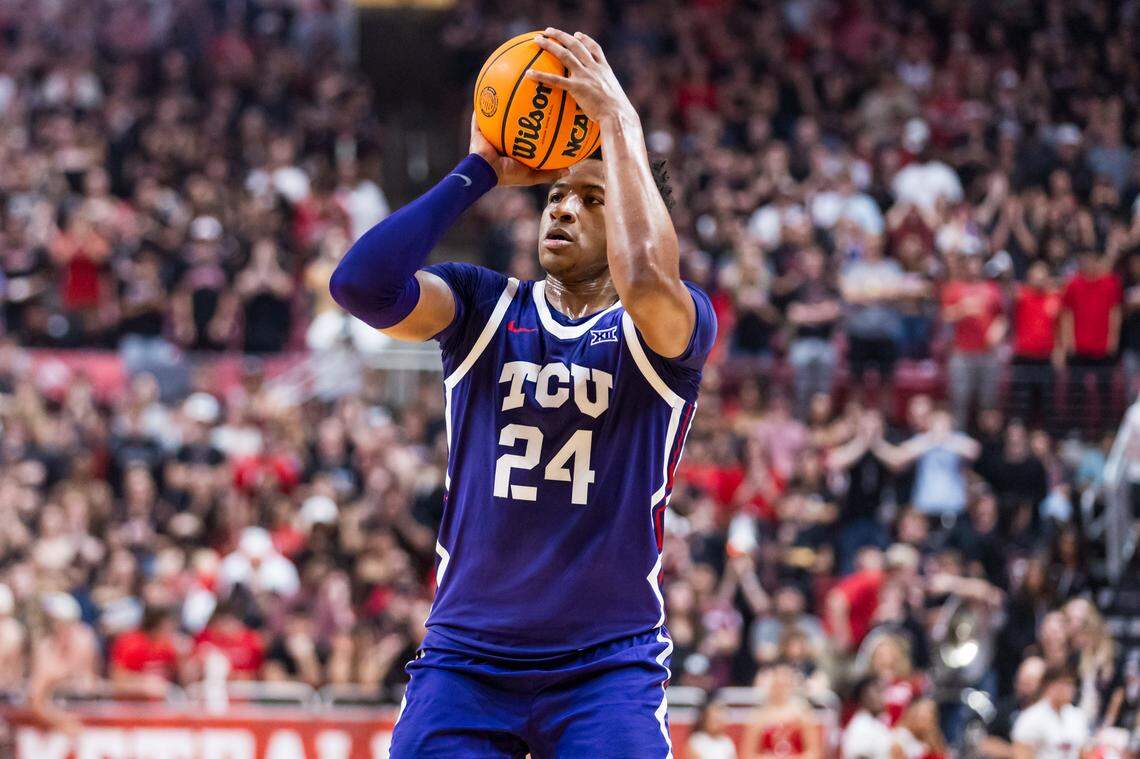 TCU center Xavier Edmonds shoots during the first half against Texas Tech on Tuesday at United Supermarkets Arena in Lubbock.