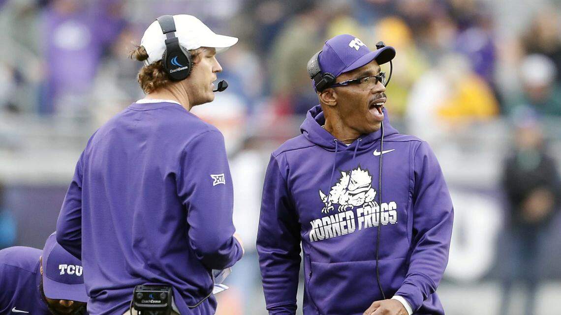 TCU co-offensive coordinator Curtis Luper yells in instructions on field in the first quarter of an NCAA football game at Amon G. Carter Stadium in Fort Worth, Texas, Friday, Nov. 29, 2019.