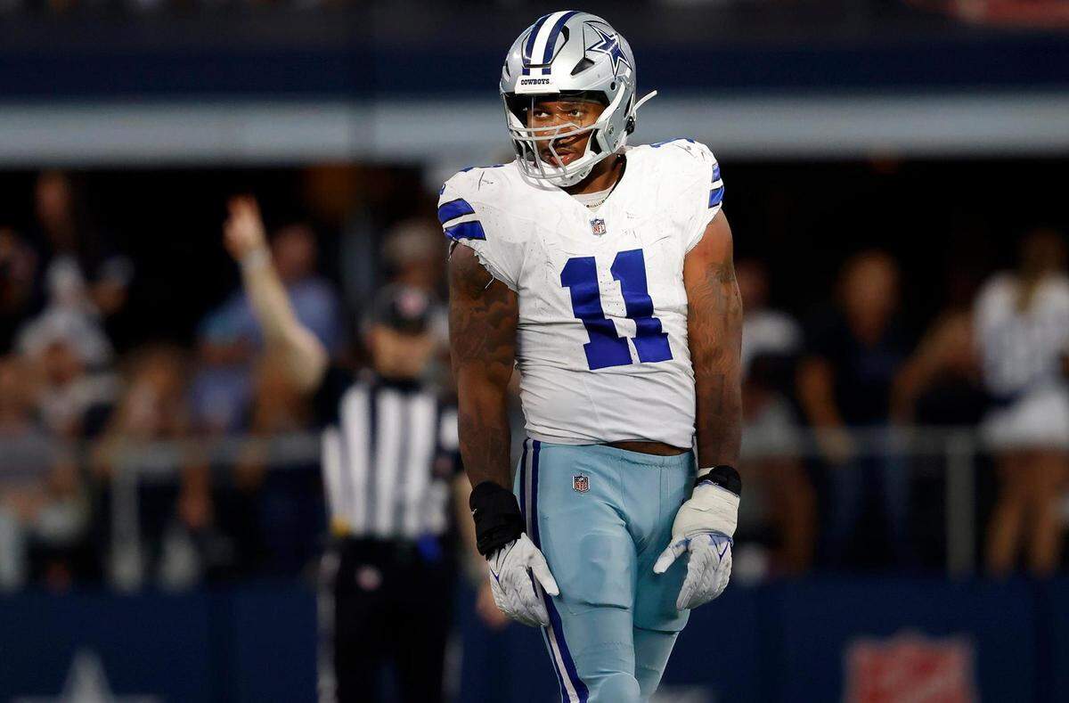 Dallas Cowboys linebacker Micah Parsons reacts after sacking New York Jets quarterback Zach Wilson on Sunday, September 17, 2023, at AT&T Stadium in Arlington.
