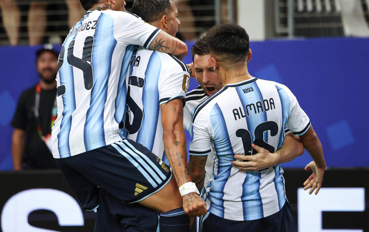 Argentina forward Lionel Messi celebrates a goal with teammates during the FIFA World Cup 2026 matchup against Austria on Monday, June 22, 2026, at Dallas Stadium in Arlington. The goal was number 17 for Messi in the World Cup, an all-time record.