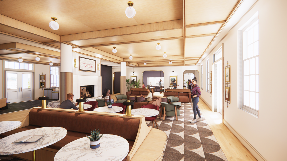 A rendering of a lounge in one of TCU’s new student housing buildings planned for east campus.
