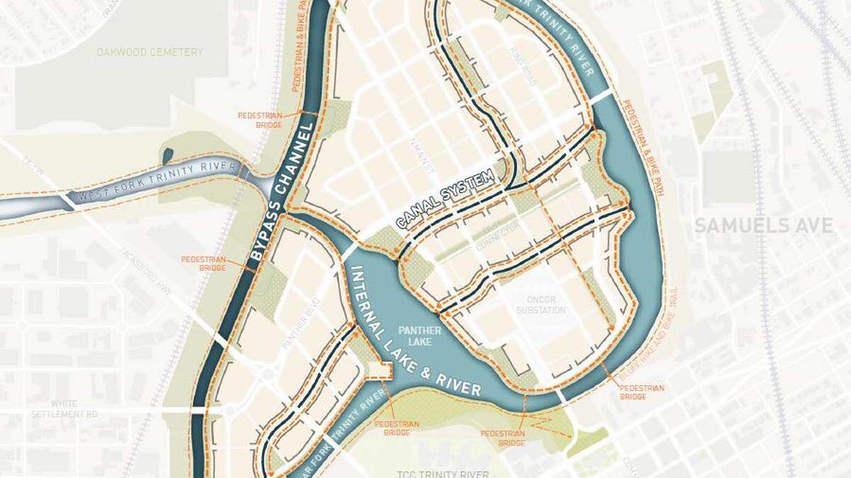 This map shows the new bypass channel that follows a straighter path than the natural bend in the river at downtown.