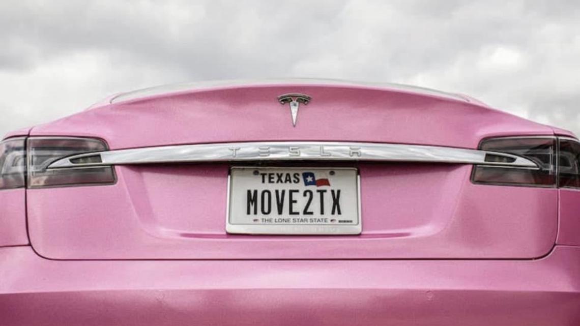 Collin County Realtor Marie Bailey’s pink Tesla, complete with “MOVE2TX” license plate. Bailey, originally from California herself, specializes in helping people move from the Golden State to Texas. (Marie Bailey)