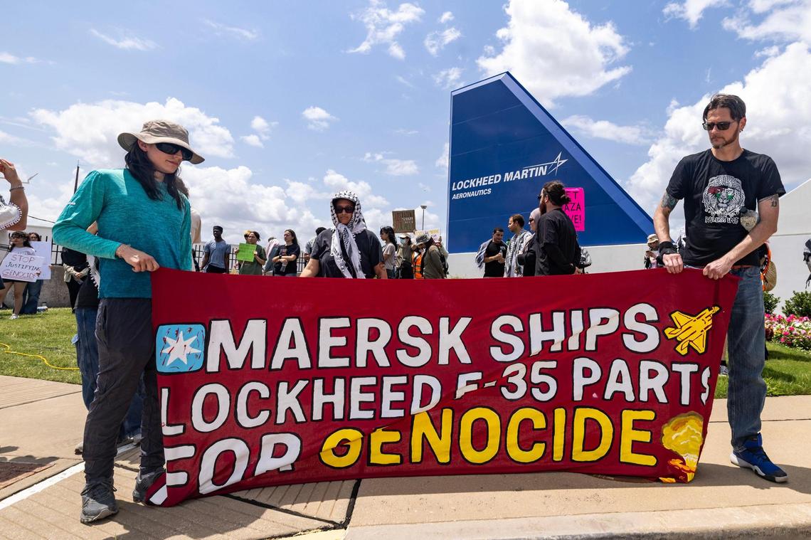 Community members protest the shipment of F-35 fighter jet wings by Israel Aerospace Industries in front of Lockheed Martin Aeronautics in Fort Worth on Thursday, June 19, 2025.