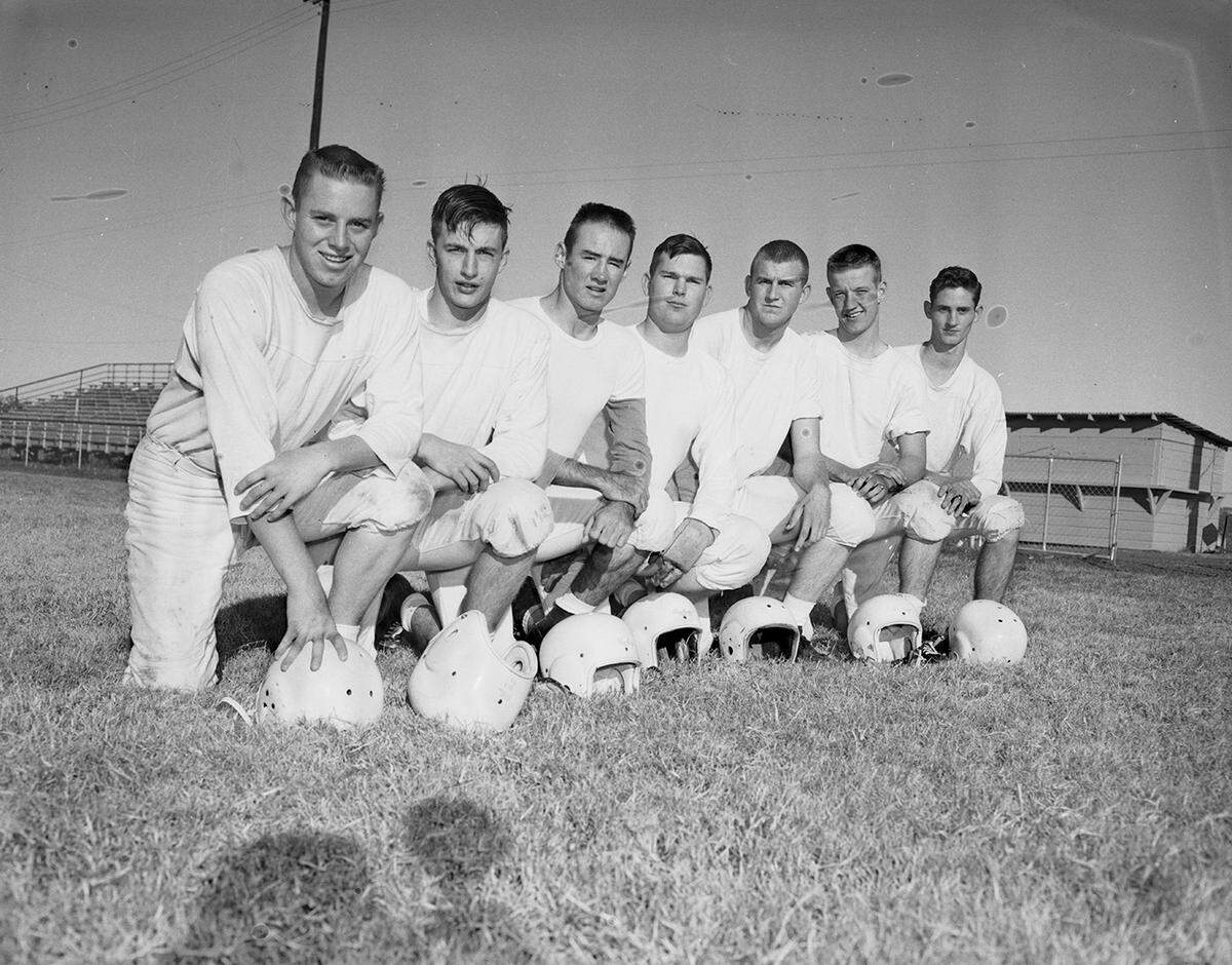 Nov. 17, 1958: “Here’s the Keller starting linemen who’ll face Crowell in Friday in Friday night’s bi-district playoff in Olney. From left: Guard William Loffland, Center Ronnie White, Tackle Charles Willard, Guard Joe Johnson, End Bill Bentley, End Jerry Steward and Tackle James Reese.”