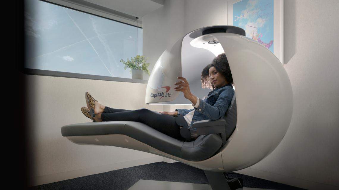 Relaxation pods in the Capital One lounge at Dallas-Fort Worth Airport give travelers a place for a quick nap or to catch up on sleep.