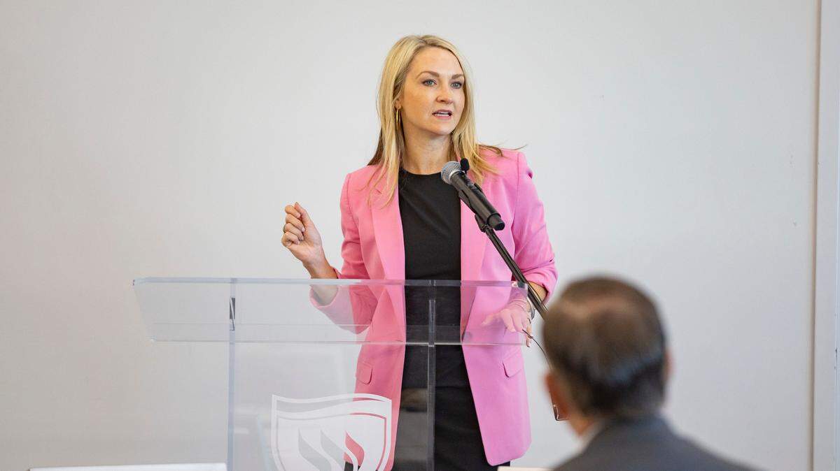 Fort Worth Mayor Mattie Parker addresses business leaders at the Education for a Strong Workforce breakfast.