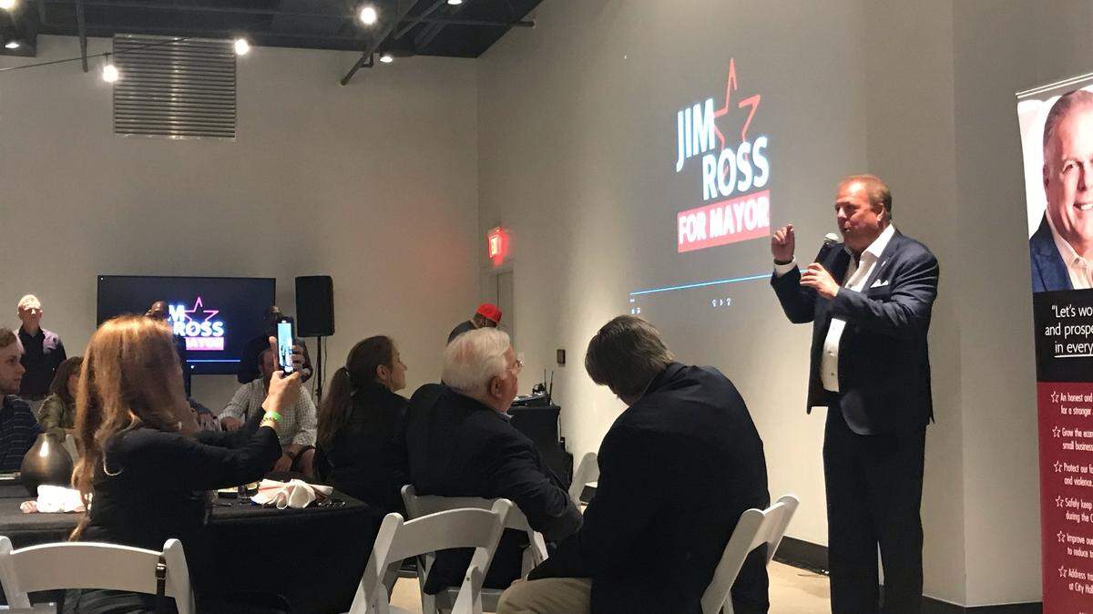 Jim Ross addresses supporters Saturday night in Arlington.