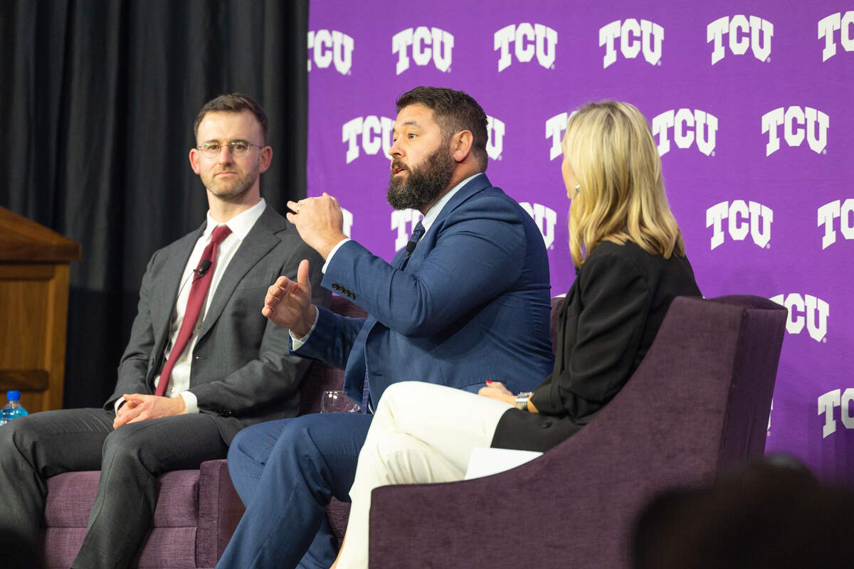 Cameron Combs, director of the Child Poverty Action Lab, left, Dr. David Nelson, division chief of Maternal Fetal Medicine at UT Southwestern, center, and Mayor Mattie Parker at the launch of the North Texas Maternal Health Accelerator at TCU on Monday.