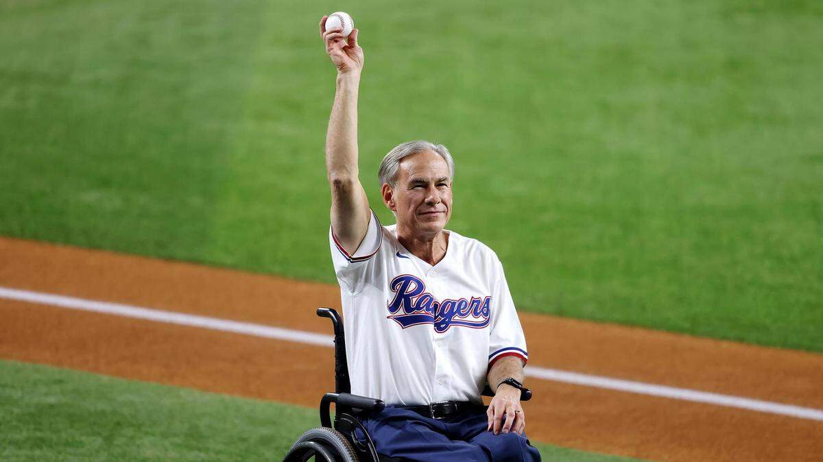 Texas Governor Greg Abbott makes an appearance prior to Game 2 of the World Series against the Arizona Diamondbacks on Saturday, October 28, 2023, at Globe Life Field in Arlington.