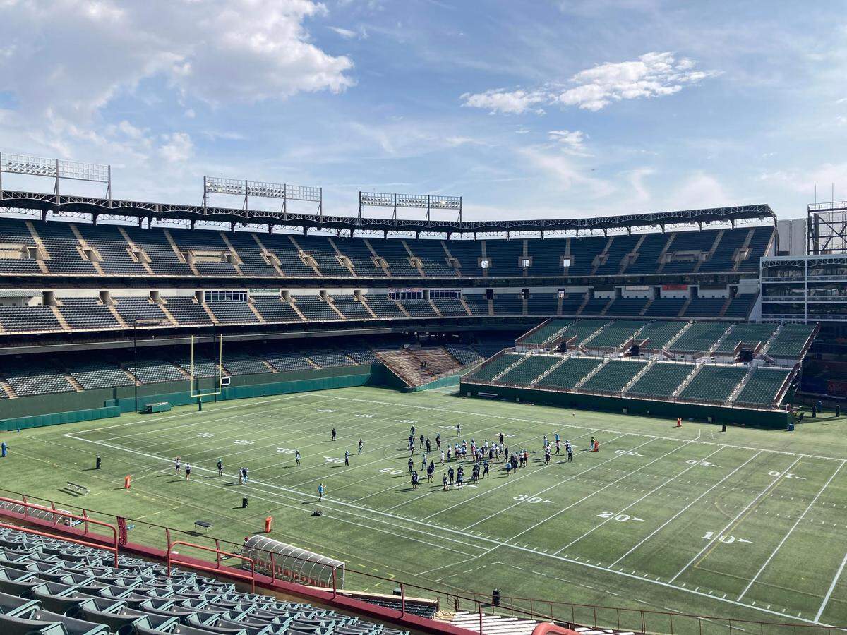 A view from the top level of Choctaw Stadium on the first base side. The Arlington Renegades of the UFL and other teams use the facility now.