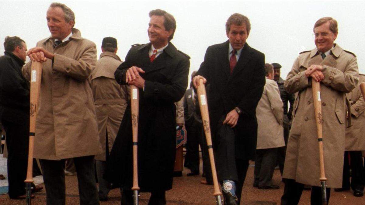 The Ballpark in Arlington groundbreaking. Left to right: Edward “Rusty” Rose, Texas Rangers; Mayor Richard Greene, Arlington; George W. Bush, Texas Rangers; Tom Schieffer, Texas Rangers.