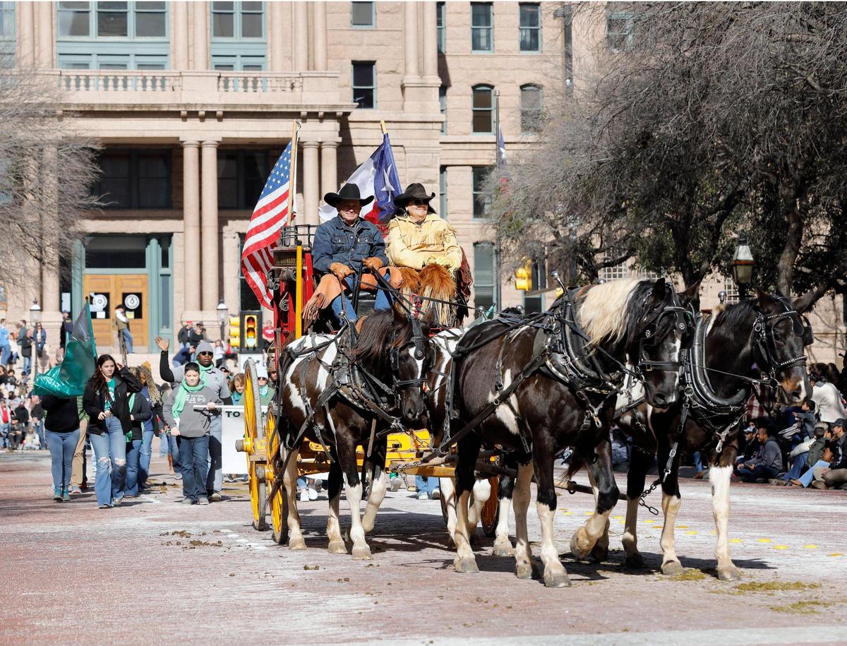 The Bachand Ranch Express turns onto Main Street during the 2023 Fort Worth Stock Show and Rodeo parade in downtown Fort Worth.