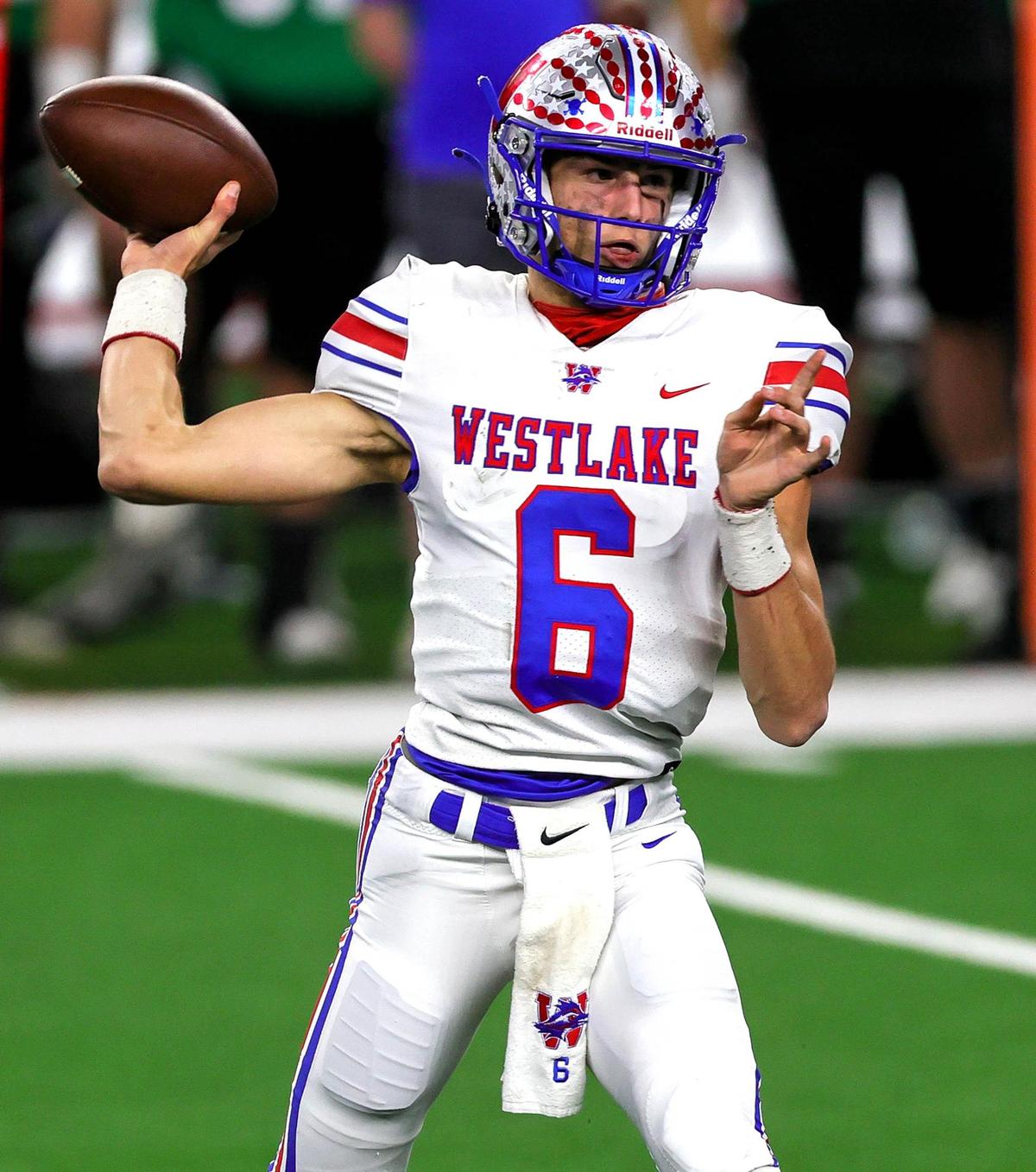 Austin Westlake quarterback Cade Klubnik (6) looks to make a pass against Southlake Carroll during the first half of the 6A Division 1 High School State Championship football playoff game, January 16, 2021 played at AT&T Stadium in Arlington, Tx. (Steve Nurenberg Special to the Star-Telegram)