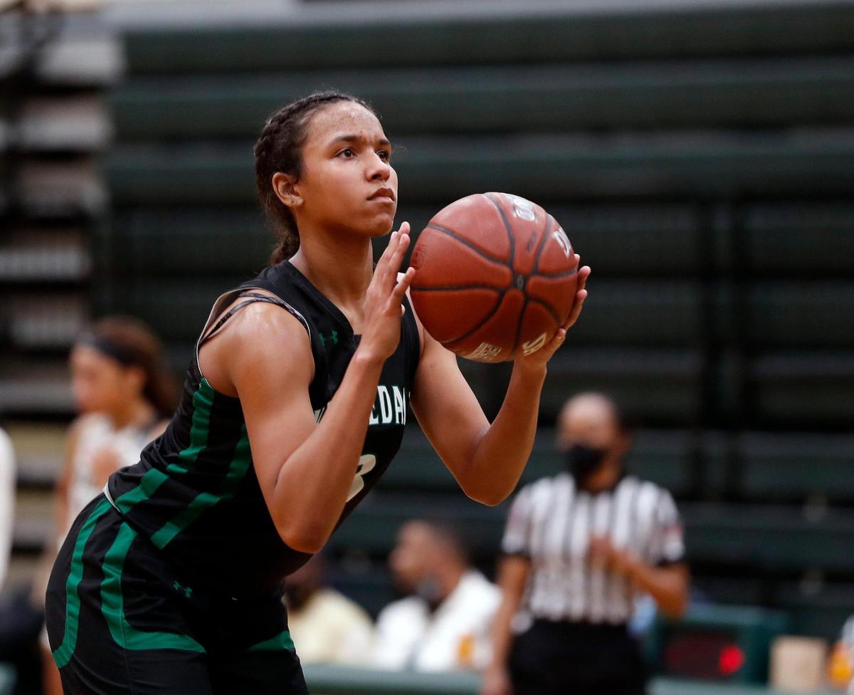 Kennedale guard Reagan Jackson (3) shoots one of her technical shots during the second half of a 4A Region 2 quarterfinal basketball game at DeSoto High School in DeSoto, Texas, Wednesday, Feb. 24, 2021. Pinkston defeated Kennedale 47-38. (Special to the Star-Telegram Bob Booth)