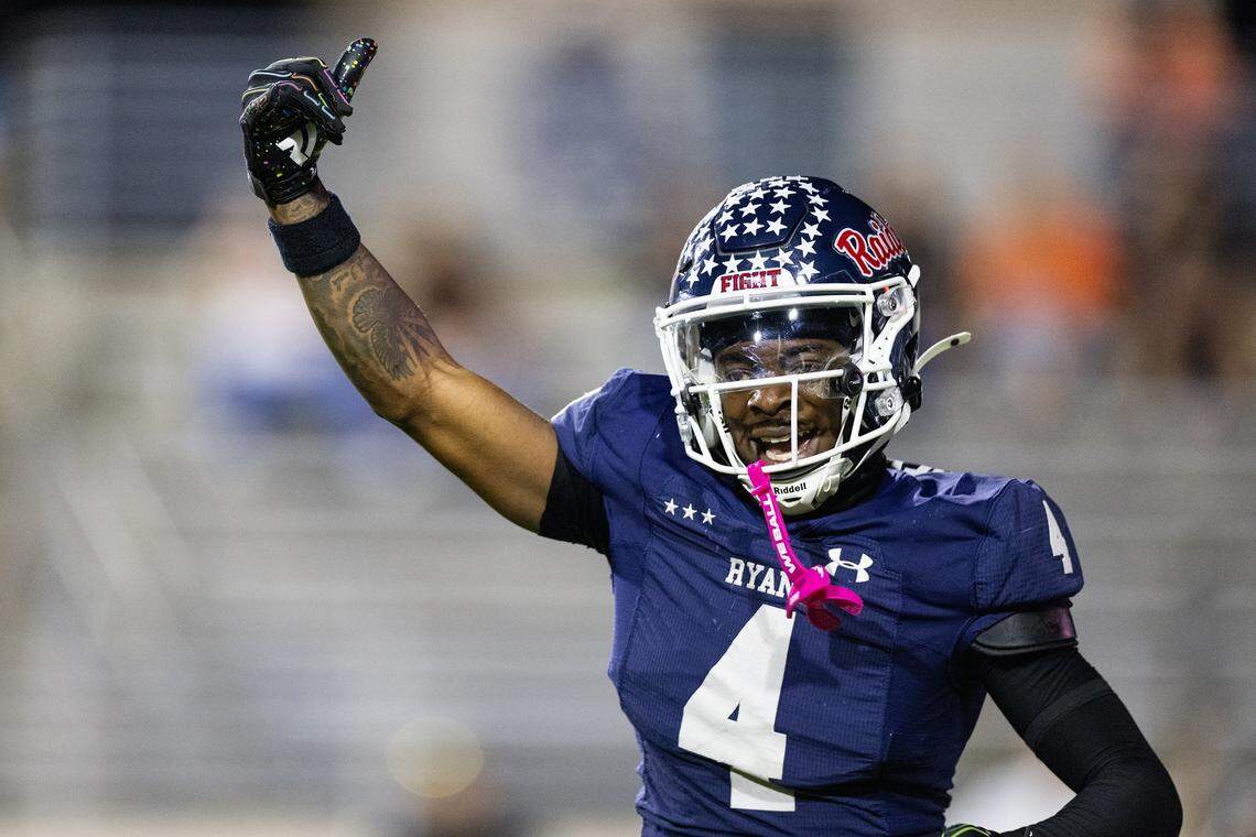Denton Ryan running back Tre'Vaughn Reynolds (4) celebrates after running the ball in for a touchdown in the first half of a high school football game between the Aledo Bearcats and the Denton Ryan Raiders at C.H. Collins Athletic Complex in Denton on Friday, Oct. 3, 2025. 