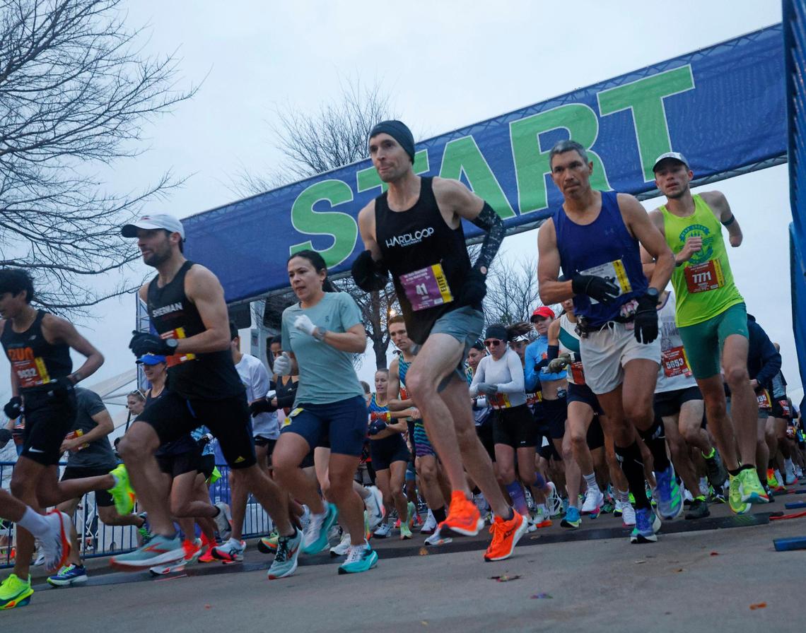 Runners in the first corral begin the 2025 Cowtown at the Will Rogers Memorial Center in Fort Worth, Texas, Sunday, Feb. 23, 2025.