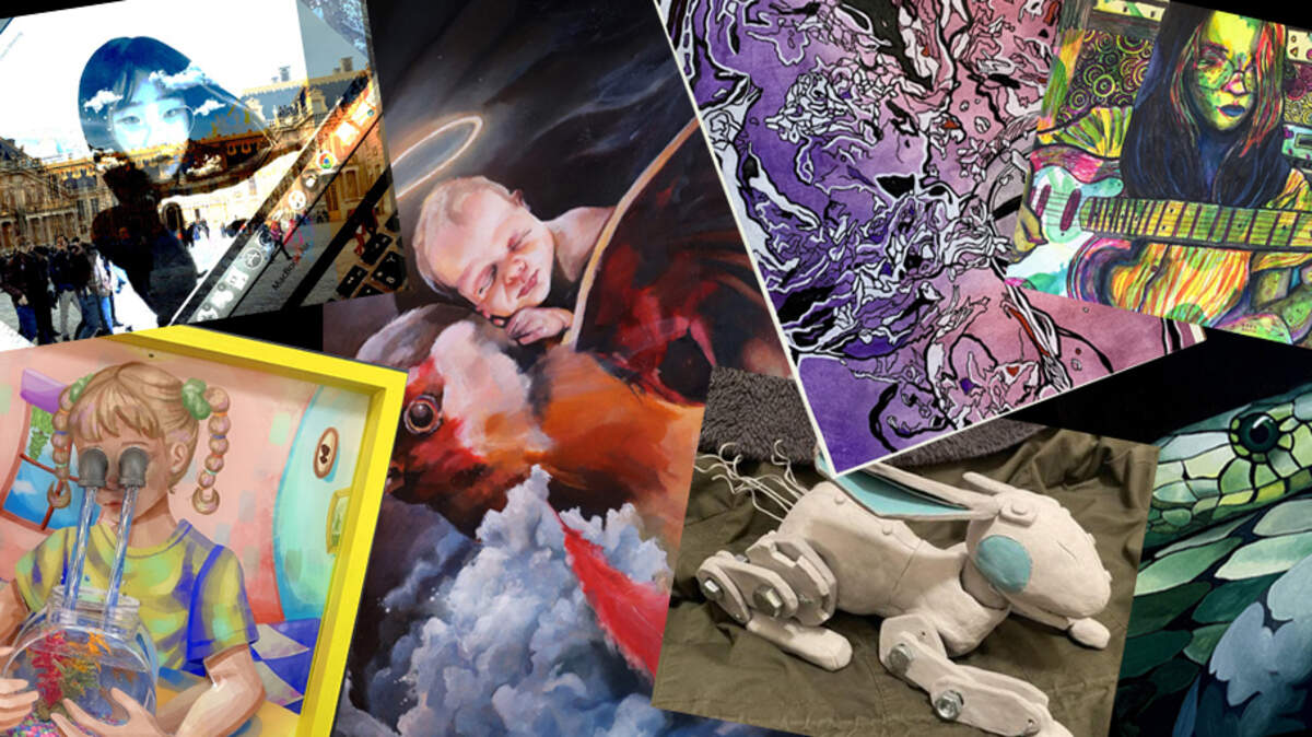 A collage depicts the artwork created by seven Keller ISD high school students who earned the Goal Seal at the State Visual Arts Scholastic Event.
