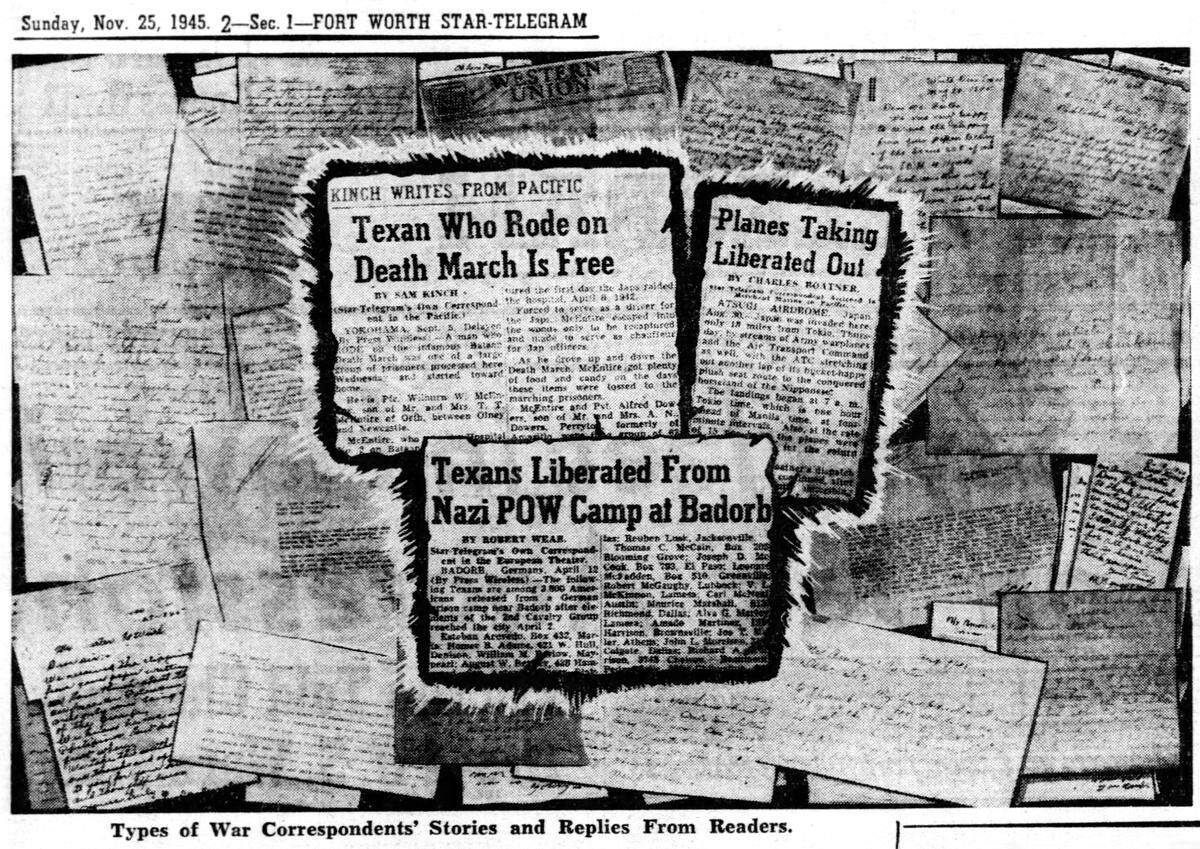 An illustration published in the Fort Worth Star-Telegram on Nov. 25, 1945, depicting the stories published by Kinch, Wear and Boatner during the war, and the replies received from readers.