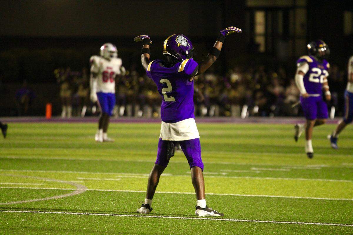 Everman defensive back Barrington Stricklin (2) celebrates after breaking up a pass against Grapevine in a District 3-5A D2 game on Friday, September 12, 2025 at Marr Stadium in Everman, Texas.
