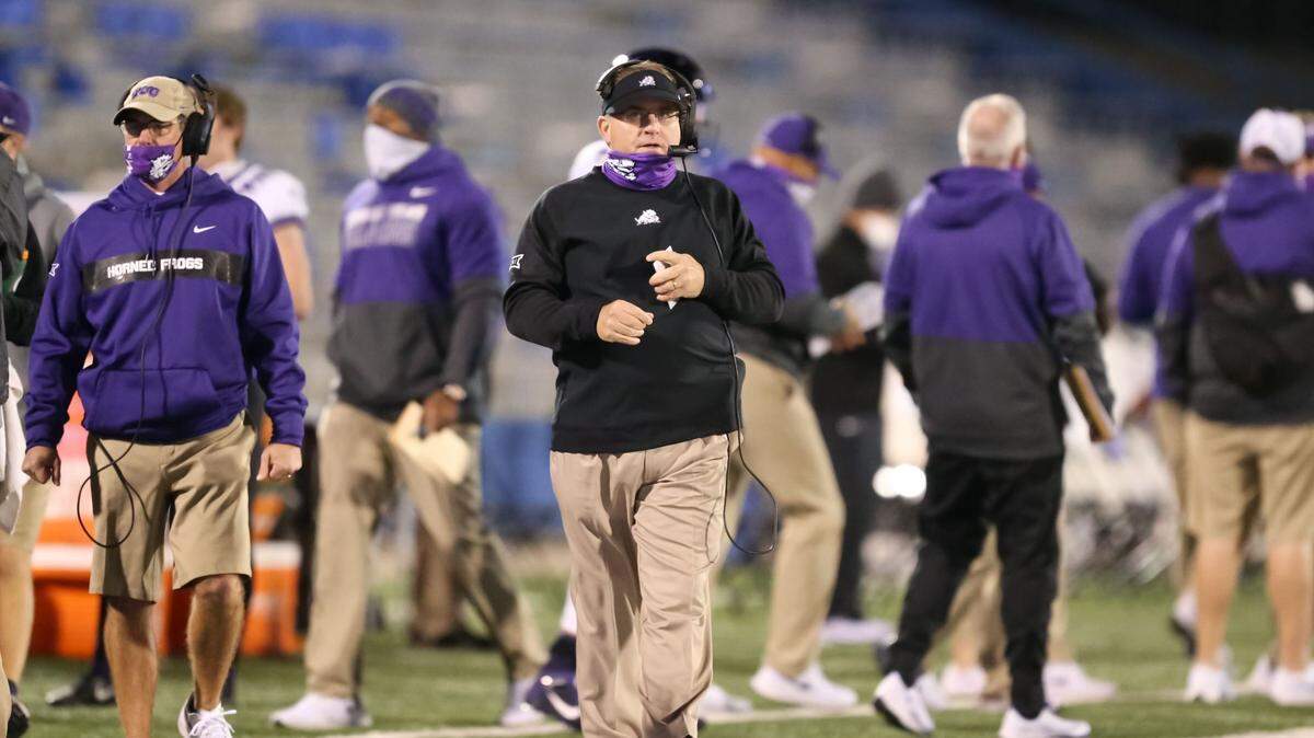 TCU coach Gary Patterson on the sidelines as his team went on to a 59-23 victory over the Kansas Jayhawks on Saturday night.