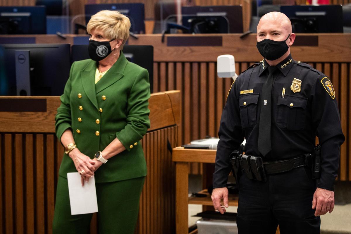 Then Mayor Betsy Price and newly appointed Fort Worth Police Department Chief Neil Noakes listen to City Manager David Cooke as he announces Noakes’ new position on Jan. 25, 2021, at City Hall.